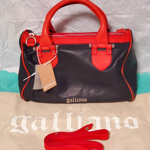 RARE! JOHN GALLIANO BLACK RED LEATHER BOSTON/BOWLING BAG NEW WITH TAG FULL SET - Picture 1 of 11